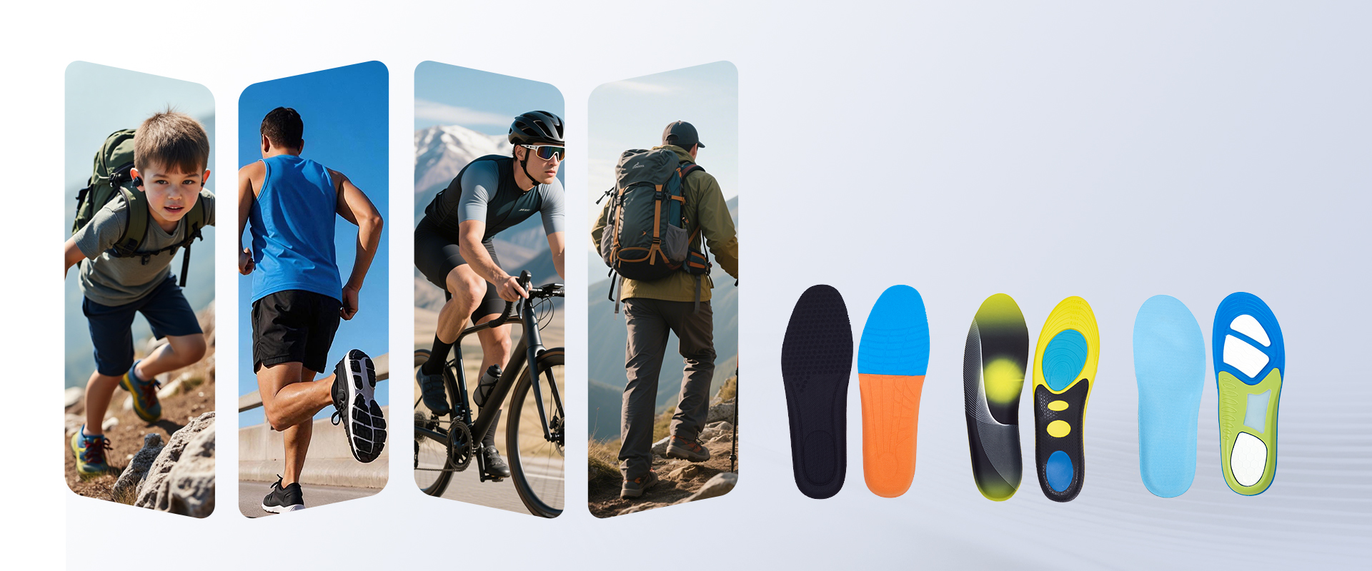 ustom insoles collection for different footwear - running shoes, dress shoes, work boots, casual shoes